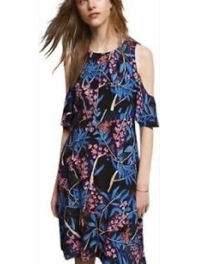 Anthropologie Maeve Elia Cold Shoulder Floral Dress A Line Black Blue 2 $138